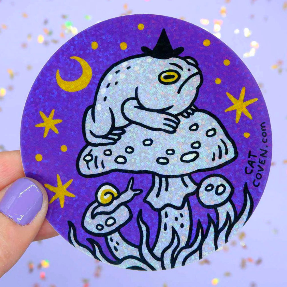 Grumpy Toad Witch Glitter Sticker.